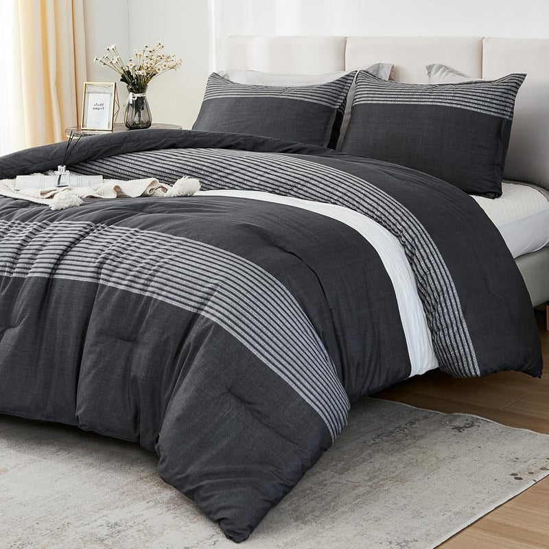 Litanika Black White Grey Comforter Set Twin XL - 2 Pieces Lightweight Pumpkin White Colorblock Stripe Fluffy Bedding Comforter Sets, All Season Bed Set - Image 2